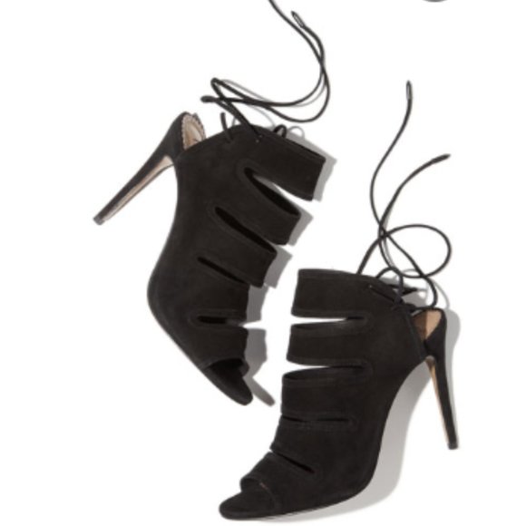 Aquazzura Firenze Slone Peep Toe Bootie Black Suede Sz 35 Slit-Front Lace - Picture 1 of 11